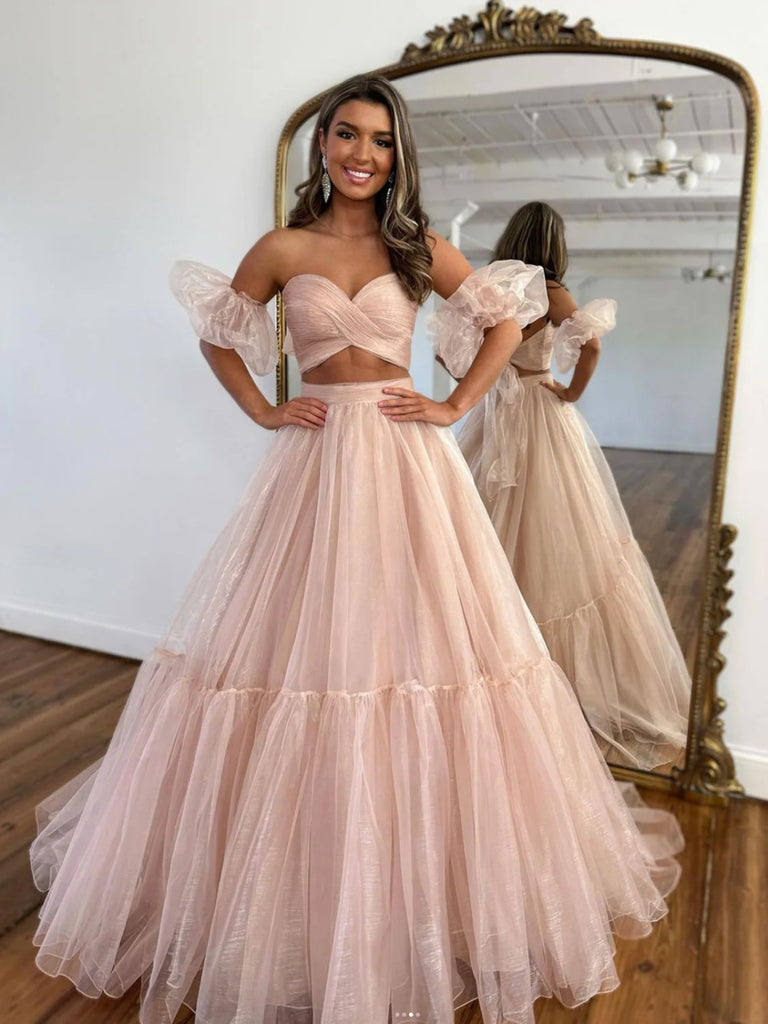 Sweetheart Neck Two Pieces Pink Tulle Long Prom Dresses, Strapless